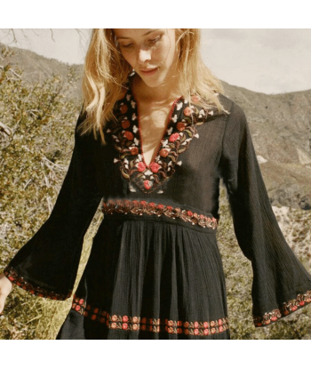 Abito Lungo Boho Nero con Fiori Ricamato vente chaude votre 